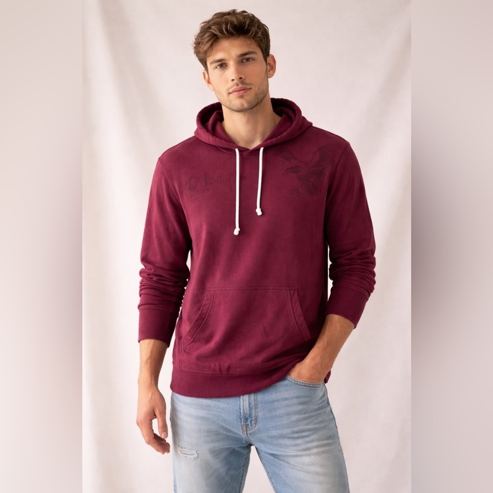American Eagle Burgundy Hoodie Men’s Preppy Coastal Beach Y2K Grunge Moto Punk